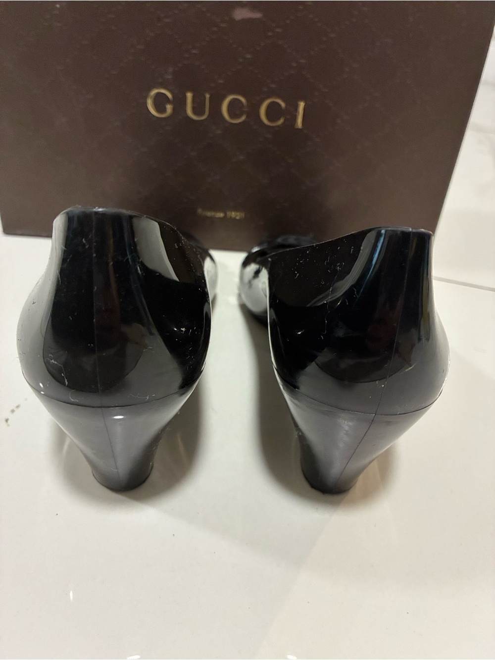 Gucci Marola Black Jelly GG Peep Toe Wedge Sandals Size 38 US 8 Like New Box - Picture 10 of 17